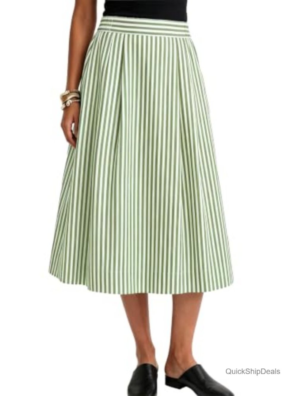 A-Line Midi Skirt with Pockets Elastic High Waist Flowy Pleated Cotton Blend
